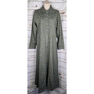 Vintage Cherokee Olive Green Floral Shirt Dress M 100% Cotton Knit Midi 90's Y2K